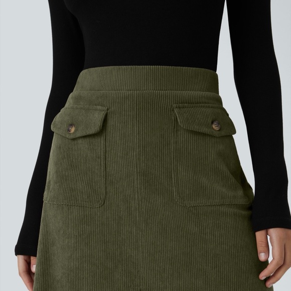 🆕 Halara Mid Rise Front Side Flap, Pocket MIDI Corduroy Casual Skirt, Size XL - Picture 2 of 7